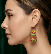 Gold-Toned Meenakari Multicolor Beaded Jhumka Hoop Earrings