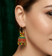 Gold-Toned Meenakari Multicolor Beaded Jhumka Hoop Earrings