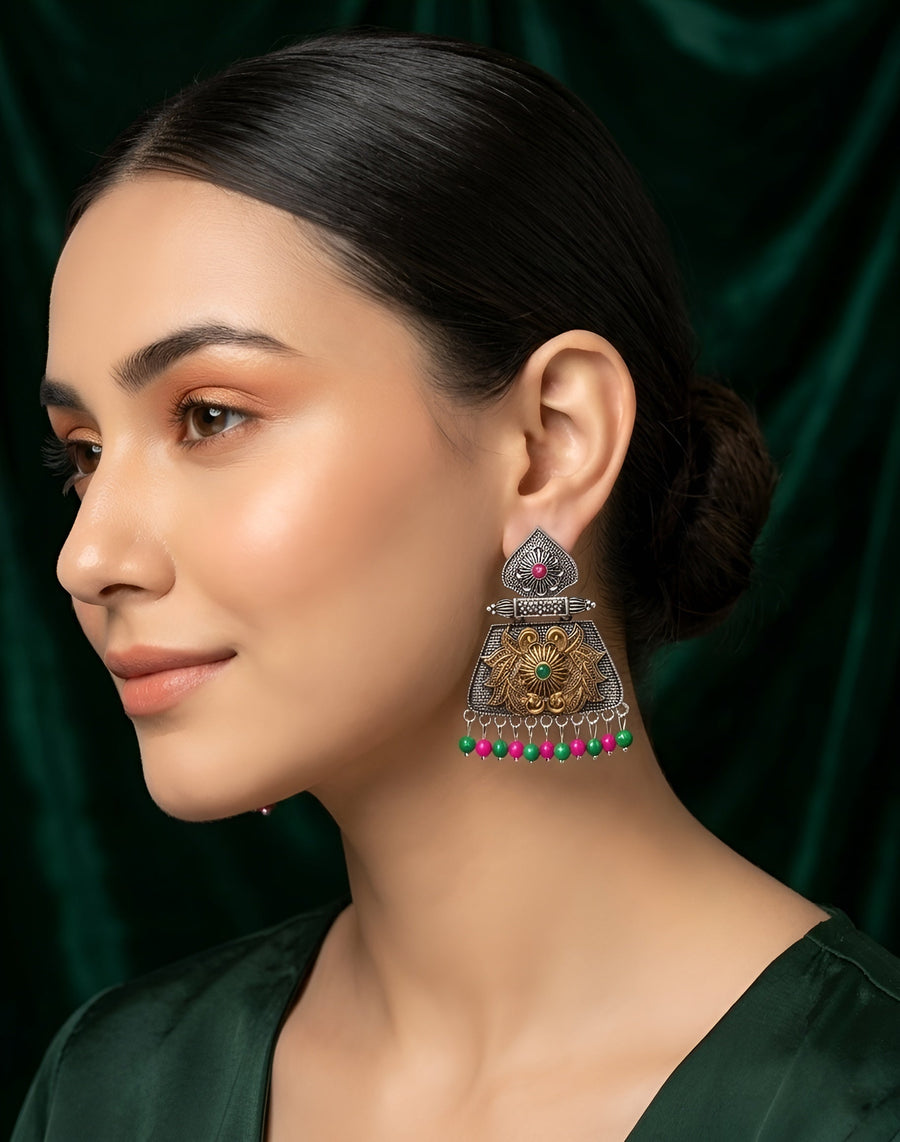 Silver Plated Oxidized Indo-Western Drop Earrings