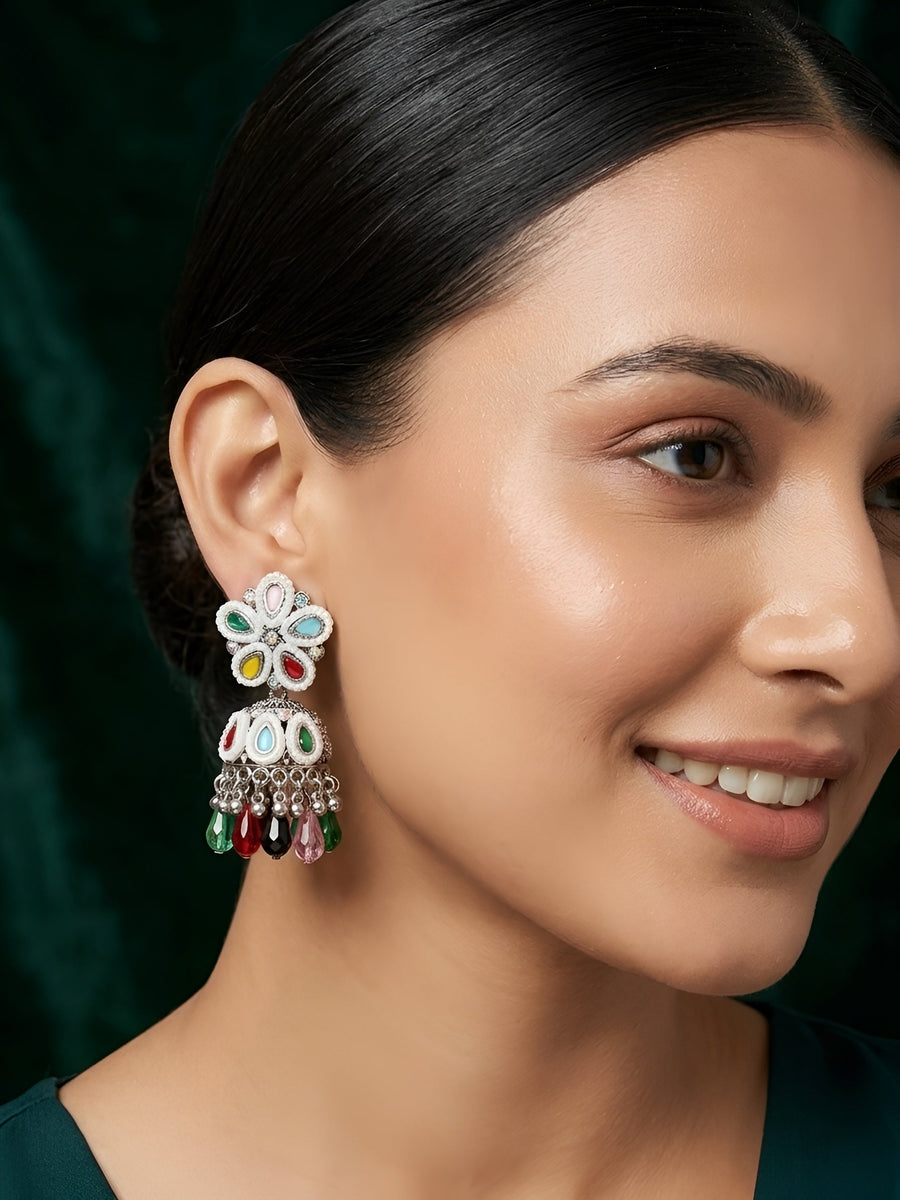 Silver Plated Multicolor Fancy Beaded Jhumki