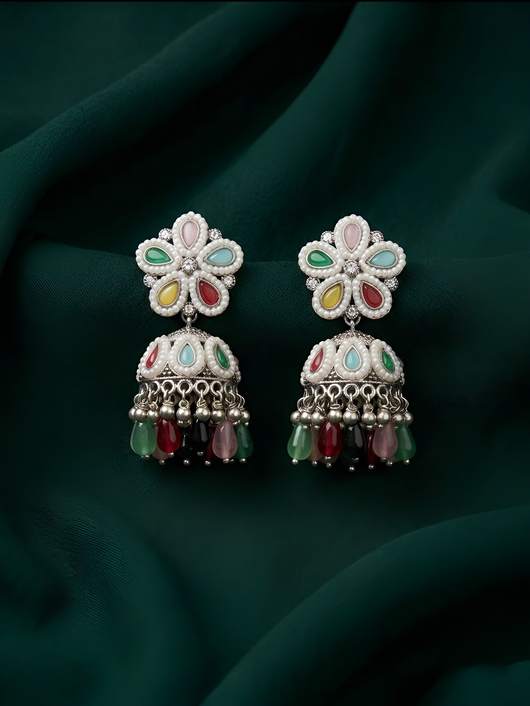 Silver Plated Multicolor Fancy Beaded Jhumki