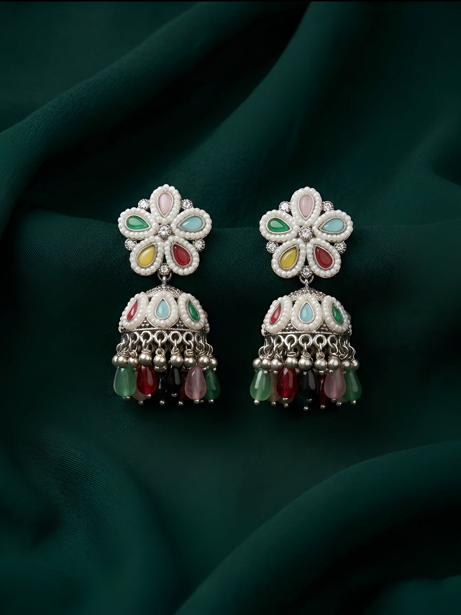 Silver Plated Multicolor Fancy Beaded Jhumki