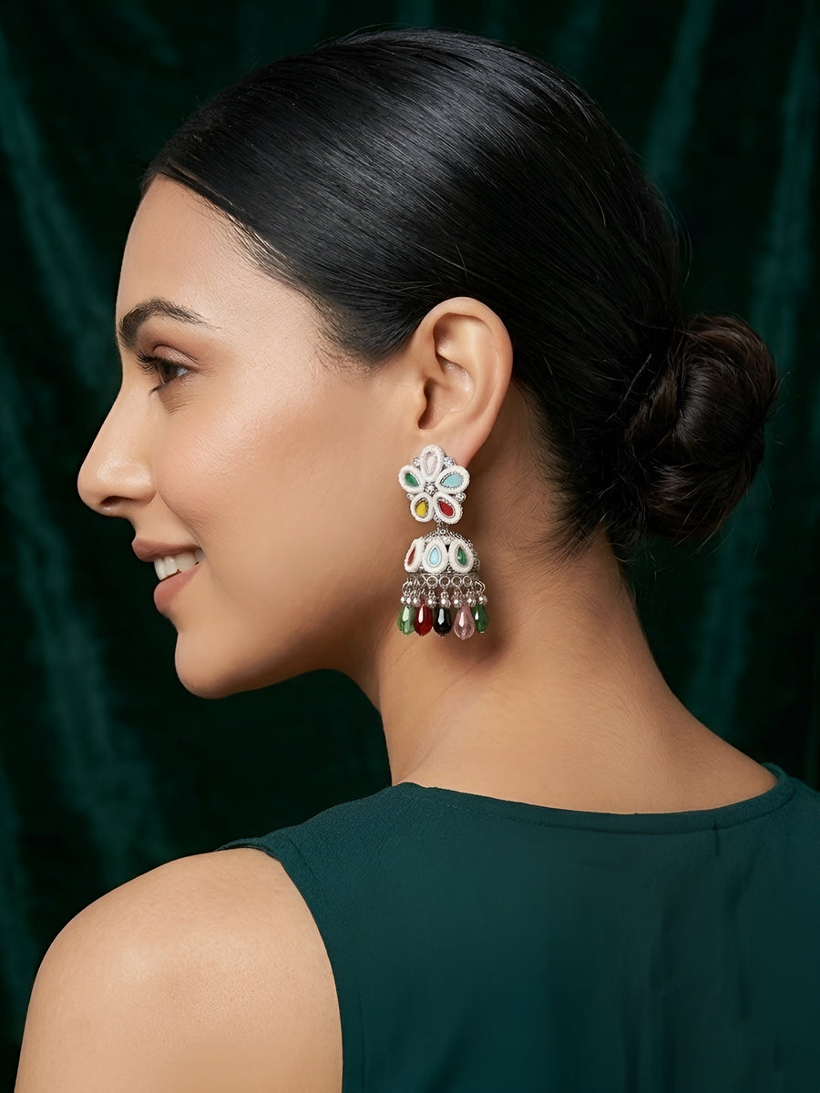 Silver Plated Multicolor Fancy Beaded Jhumki