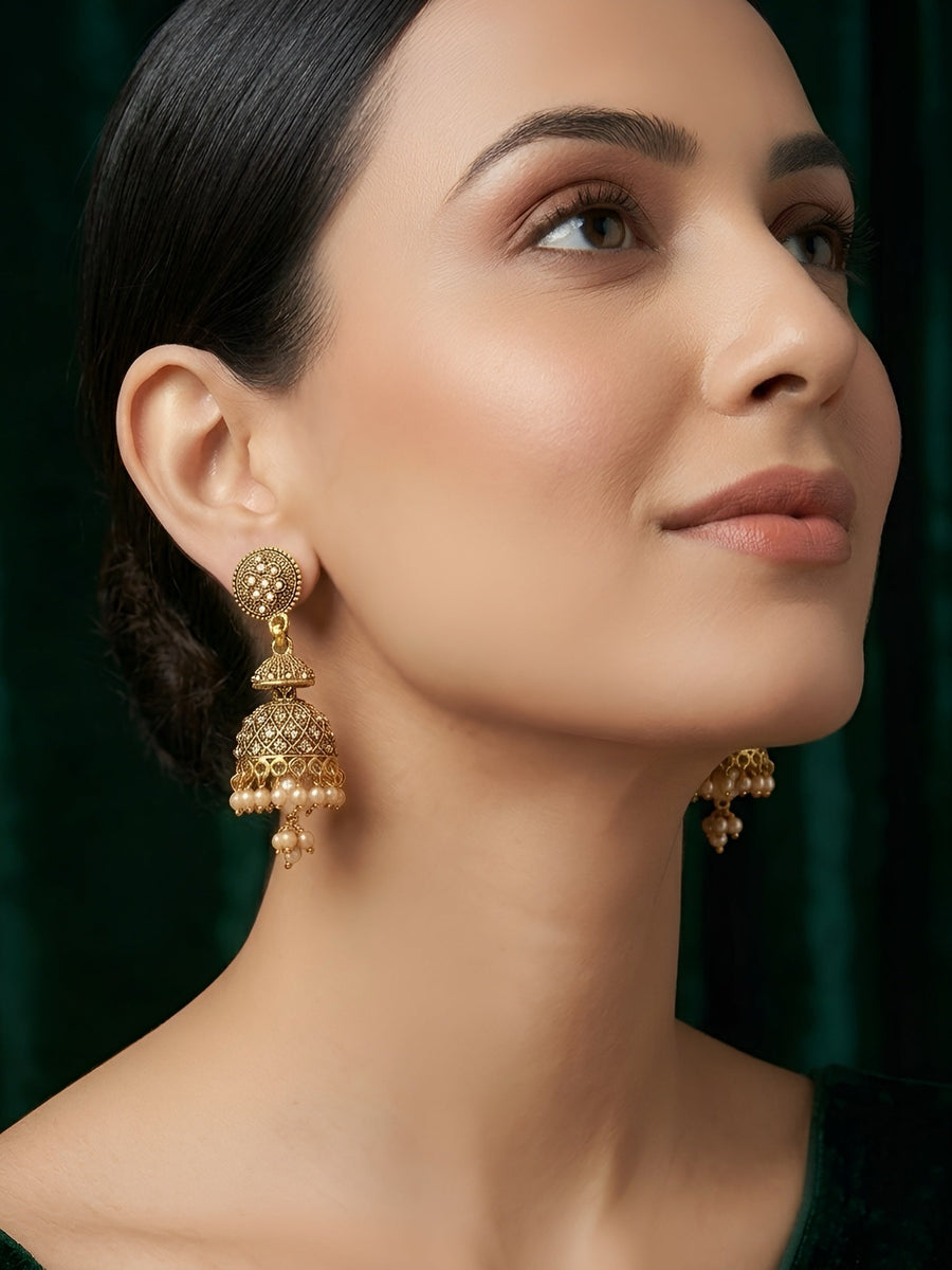 Gold Oxidized With Beaded Indo-Western Jhumki
