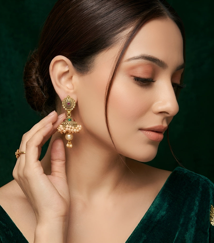 Gold Oxidized With Beaded Indo-Western Jhumki