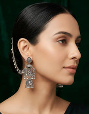 Silver Oxidised Contemporary Jhumka Earchain