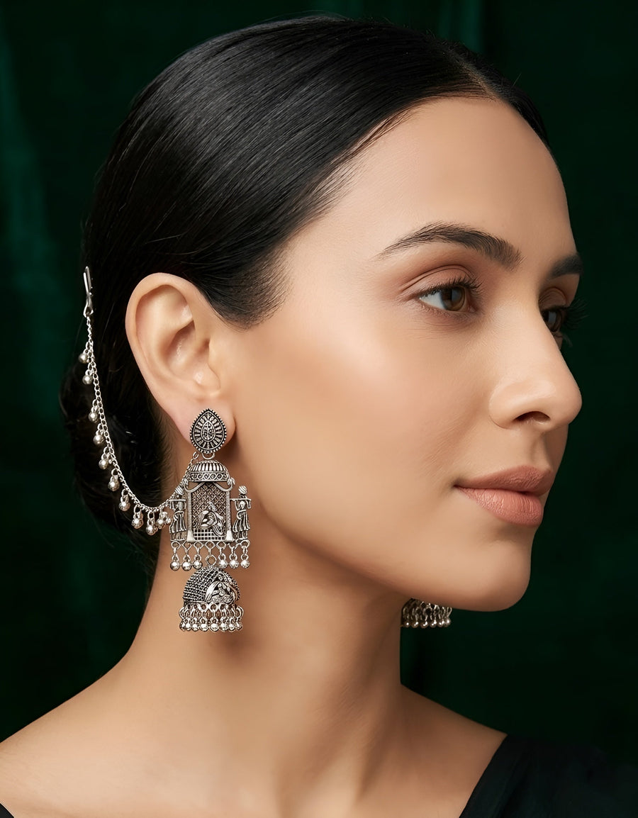 Silver Oxidised Contemporary Jhumka Earchain