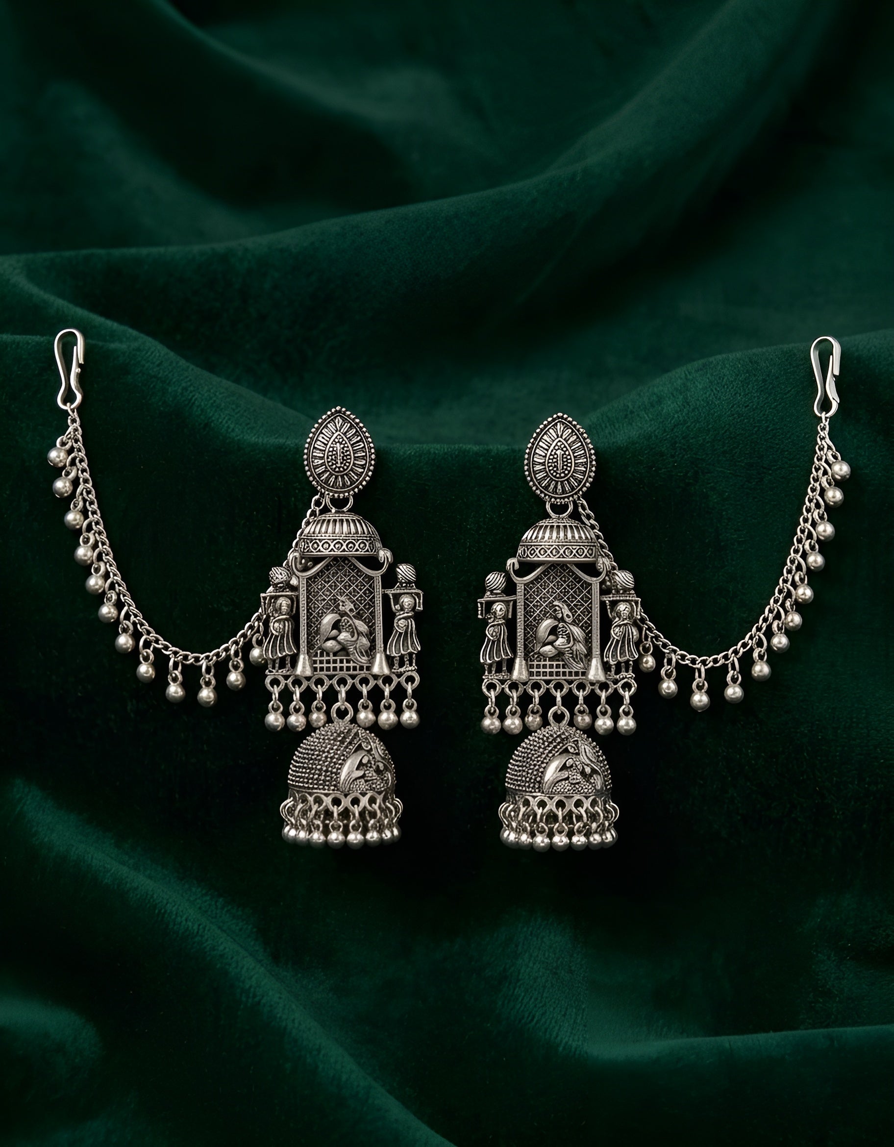 Silver Oxidised Contemporary Jhumka Earchain
