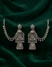 Silver Oxidised Contemporary Jhumka Earchain