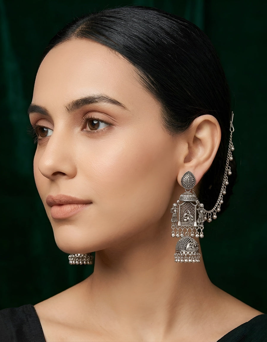 Silver Oxidised Contemporary Jhumka Earchain