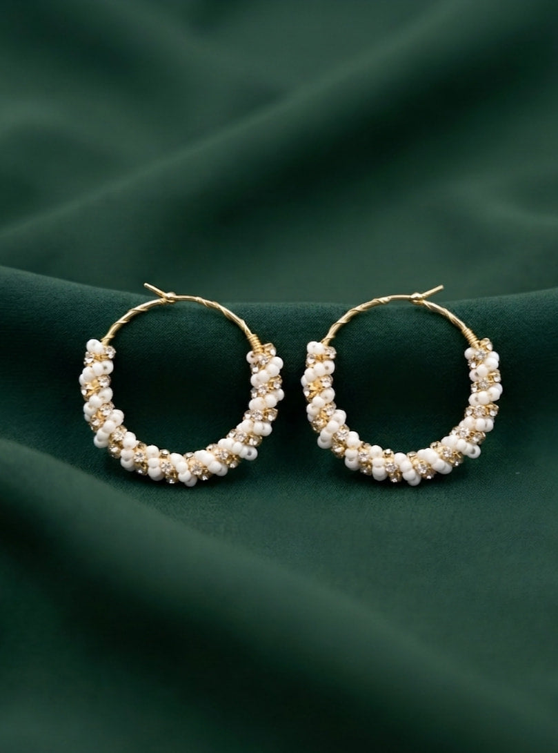 Gold Plated Artificial Pearls & Diamond Hoops