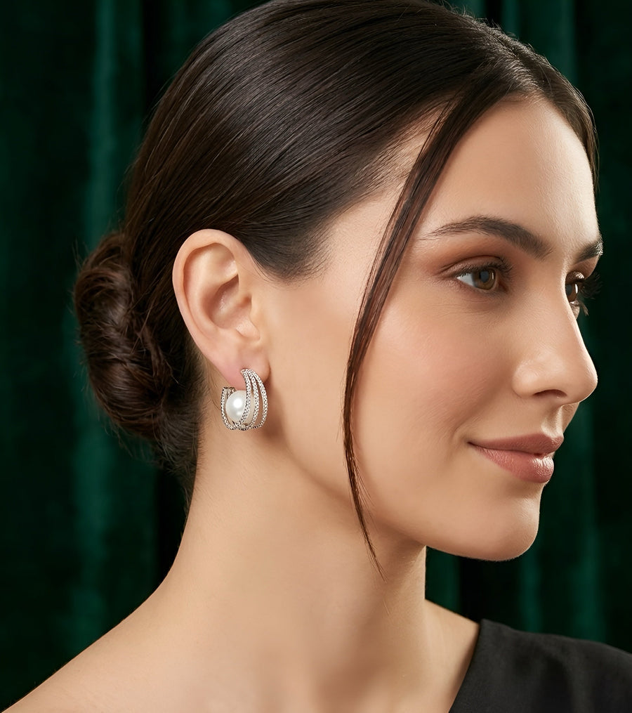 Silver Plated Fancy Pearl & Beaded Hoops