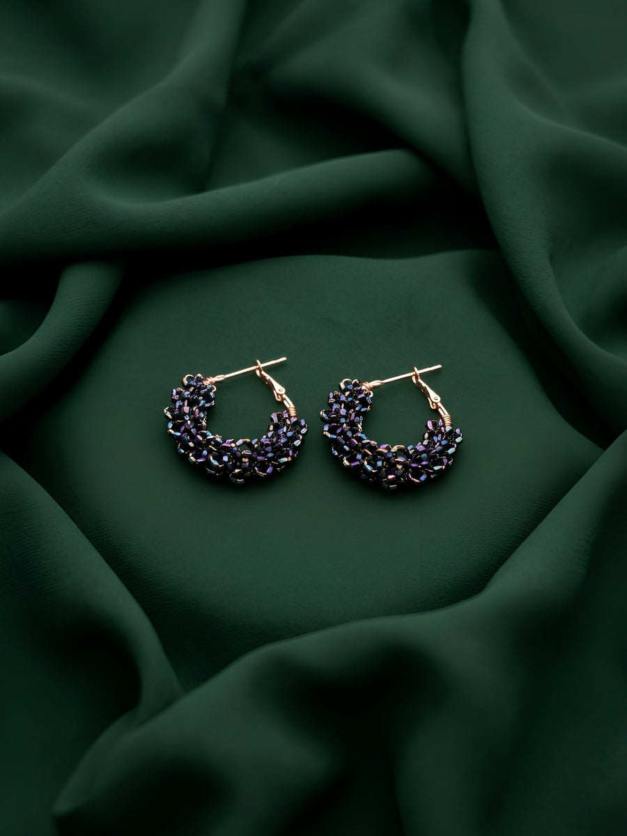 Gold Plated Black Fancy Beaded Hoops