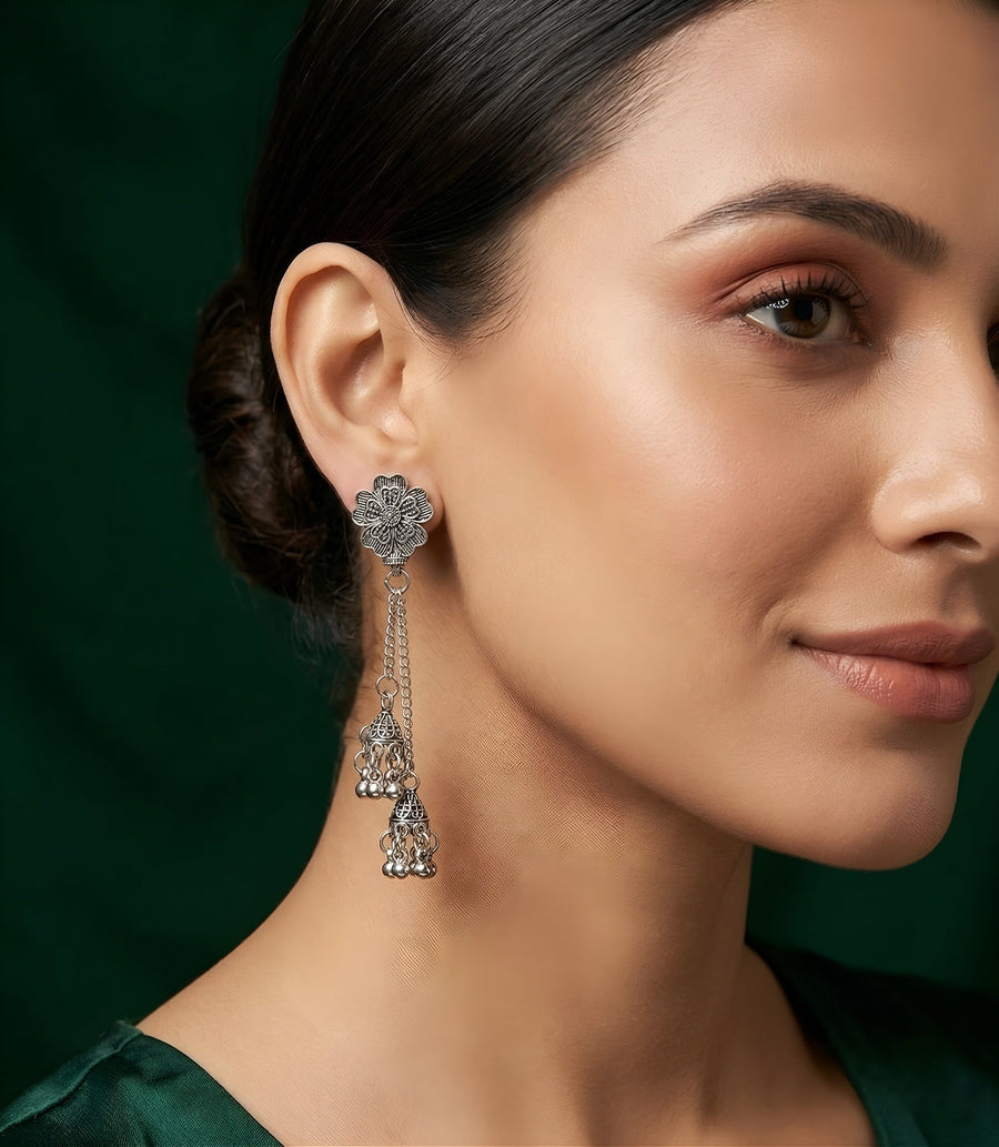 Silver Plated Oxidized Tassels Jhumki Earrings