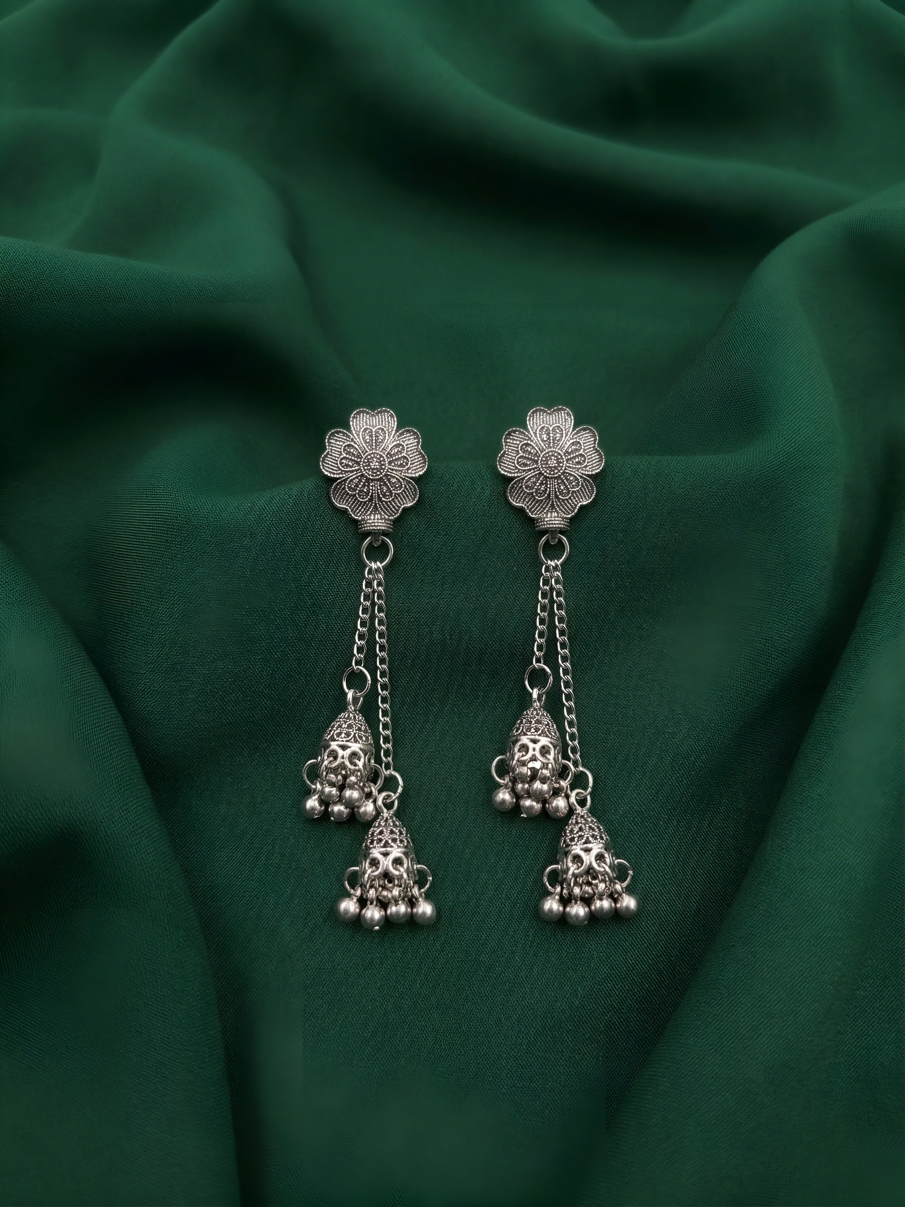 Silver Plated Oxidized Tassels Jhumki Earrings