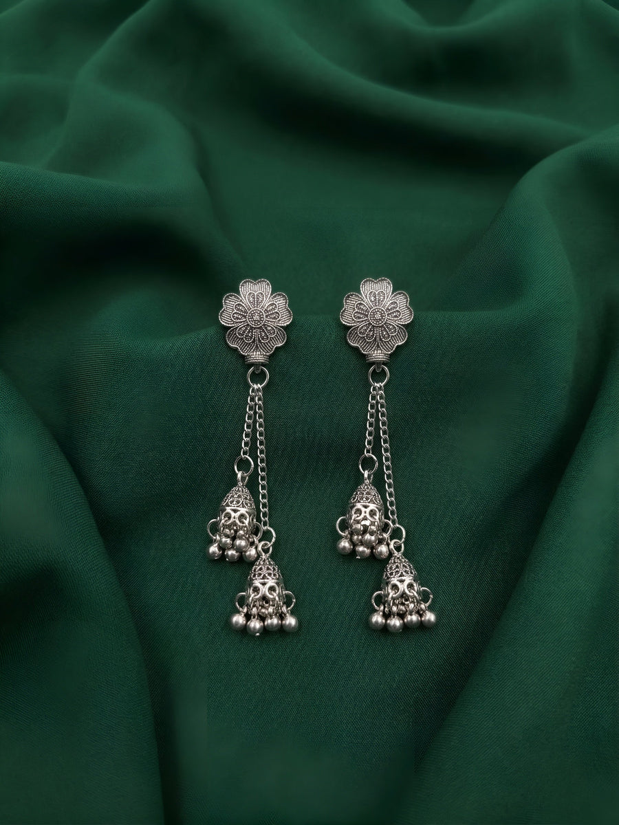 Silver Plated Oxidized Tassels Jhumki Earrings