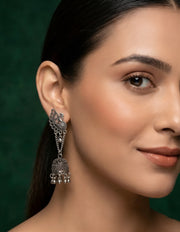 Silver Plated Oxidized Peacock With Jhumki Earrings