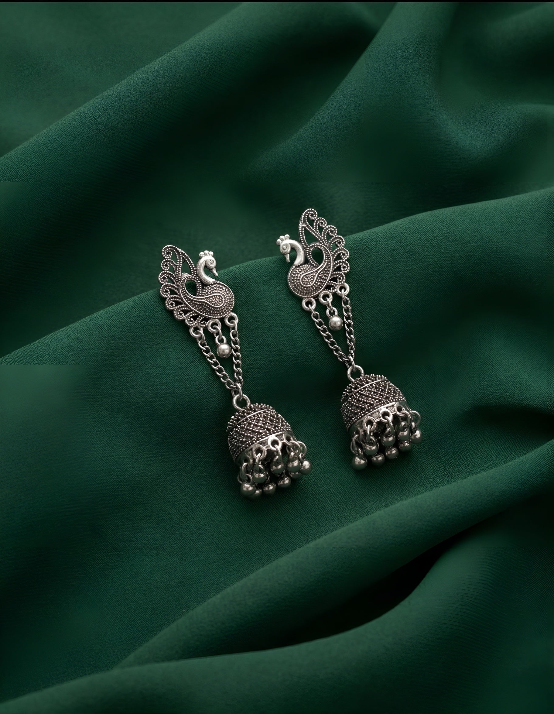 Silver Plated Oxidized Peacock With Jhumki Earrings