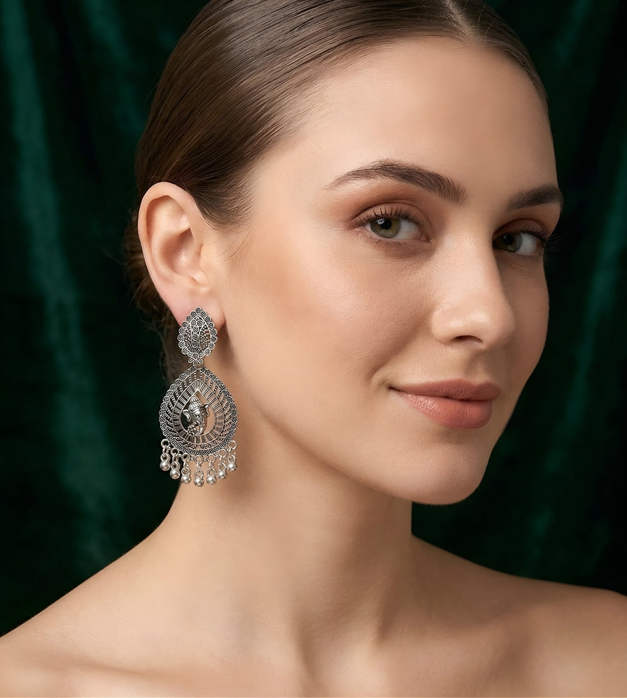 Silver Plated Oxidized Fancy Drop Earrings
