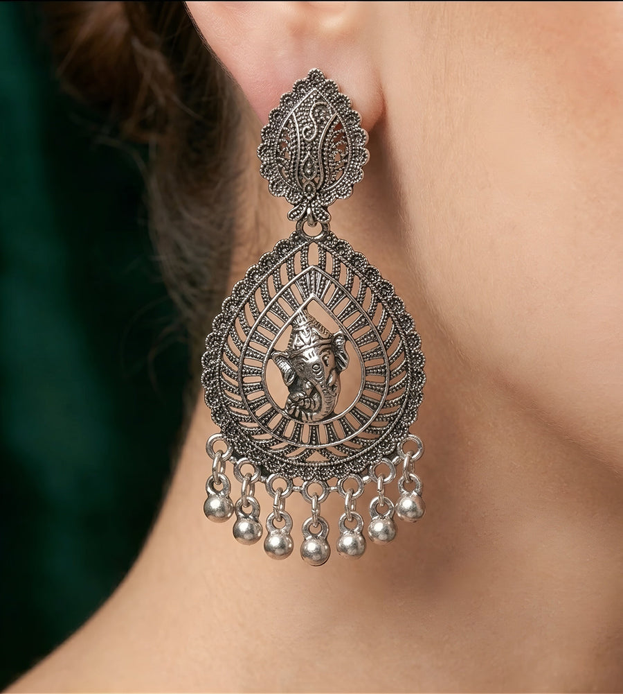 Silver Plated Oxidized Fancy Drop Earrings