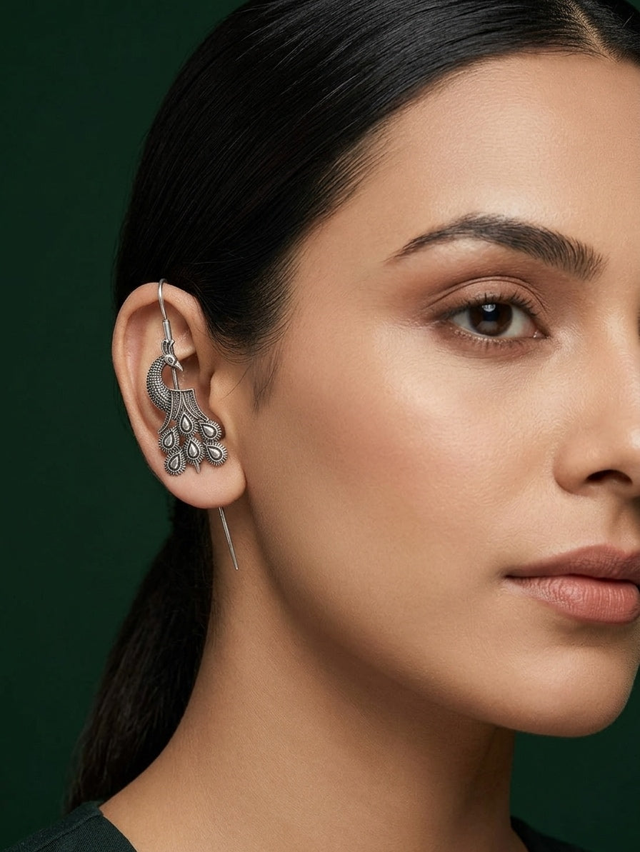 Silver Plated Oxidized Peacock Design Ear Cuff