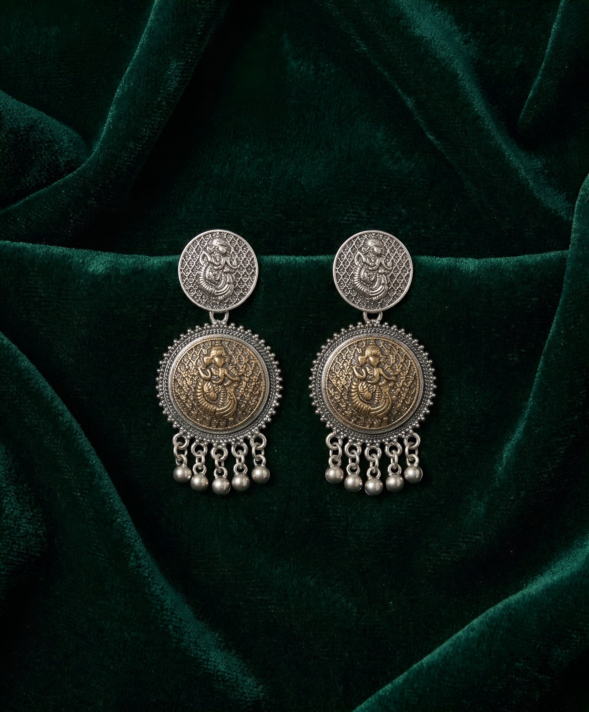 Silver Plated Oxidized Circular Design Drop Earrings
