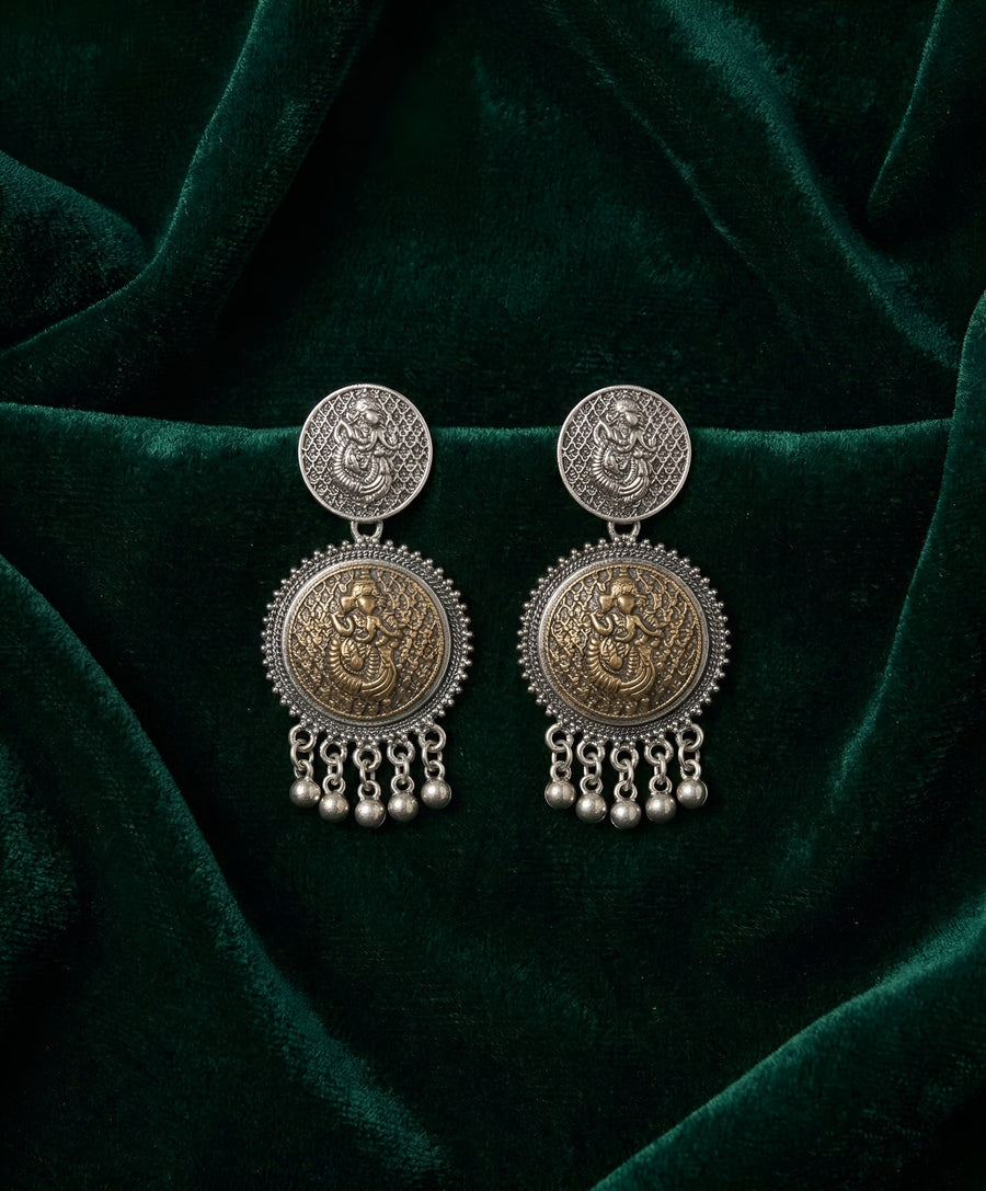 Silver Plated Oxidized Circular Design Drop Earrings