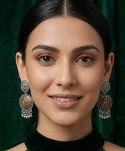 Silver Plated Oxidized Circular Design Drop Earrings