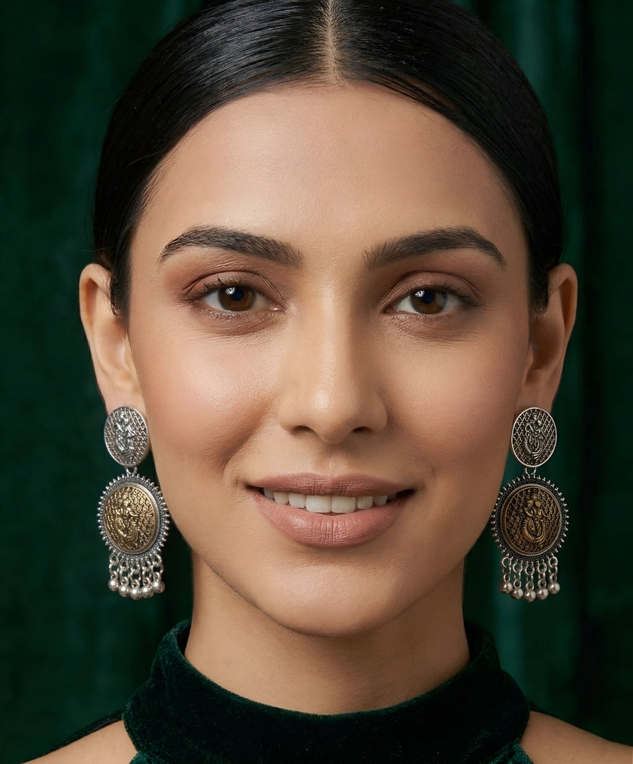 Silver Plated Oxidized Circular Design Drop Earrings
