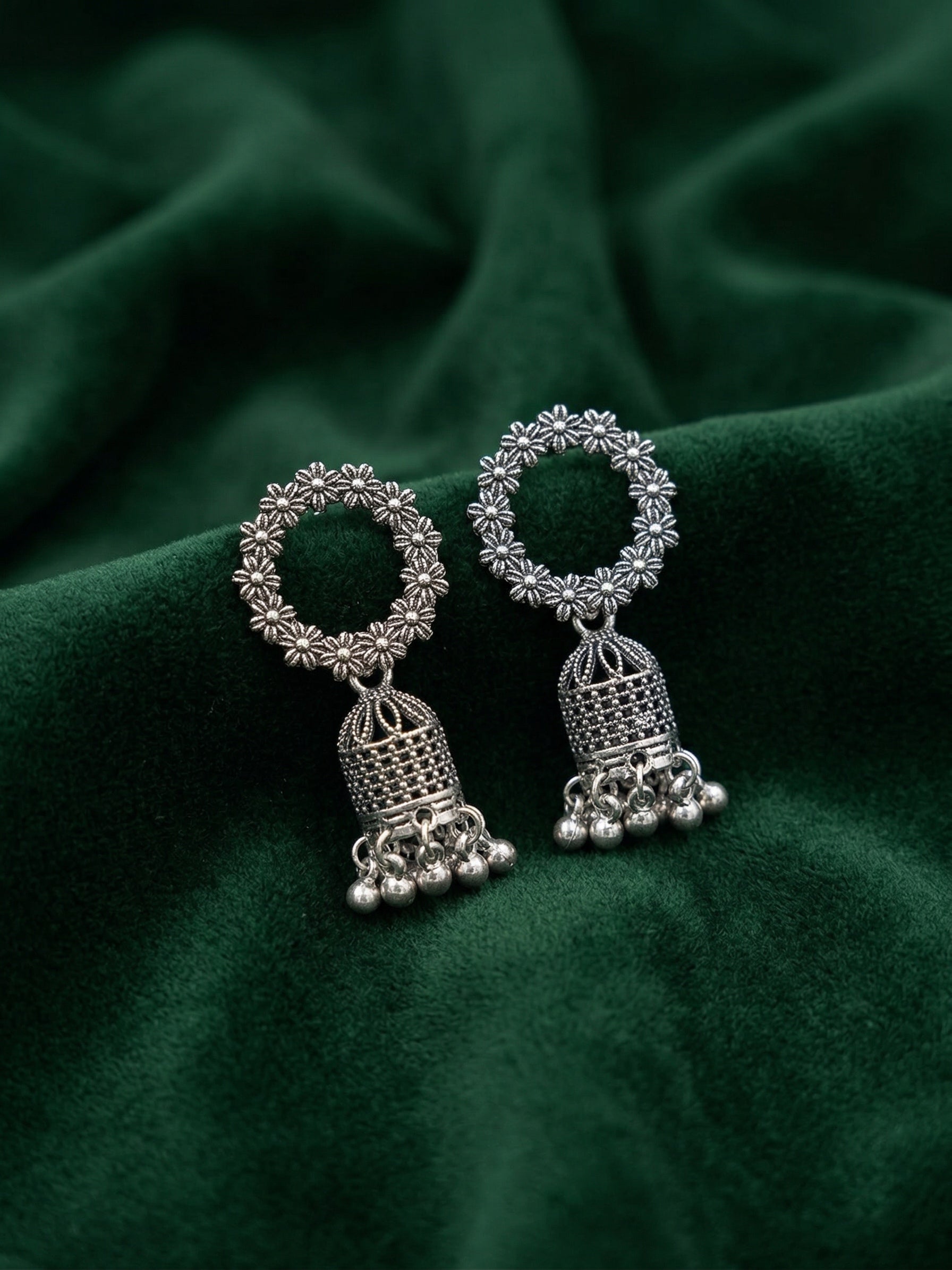 Silver Plated Oxidized Fancy Jhumki Earrings