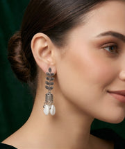 Silver Plated Oxidized Leaf Design Earrings