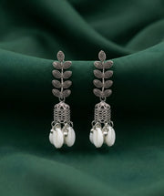 Silver Plated Oxidized Leaf Design Earrings