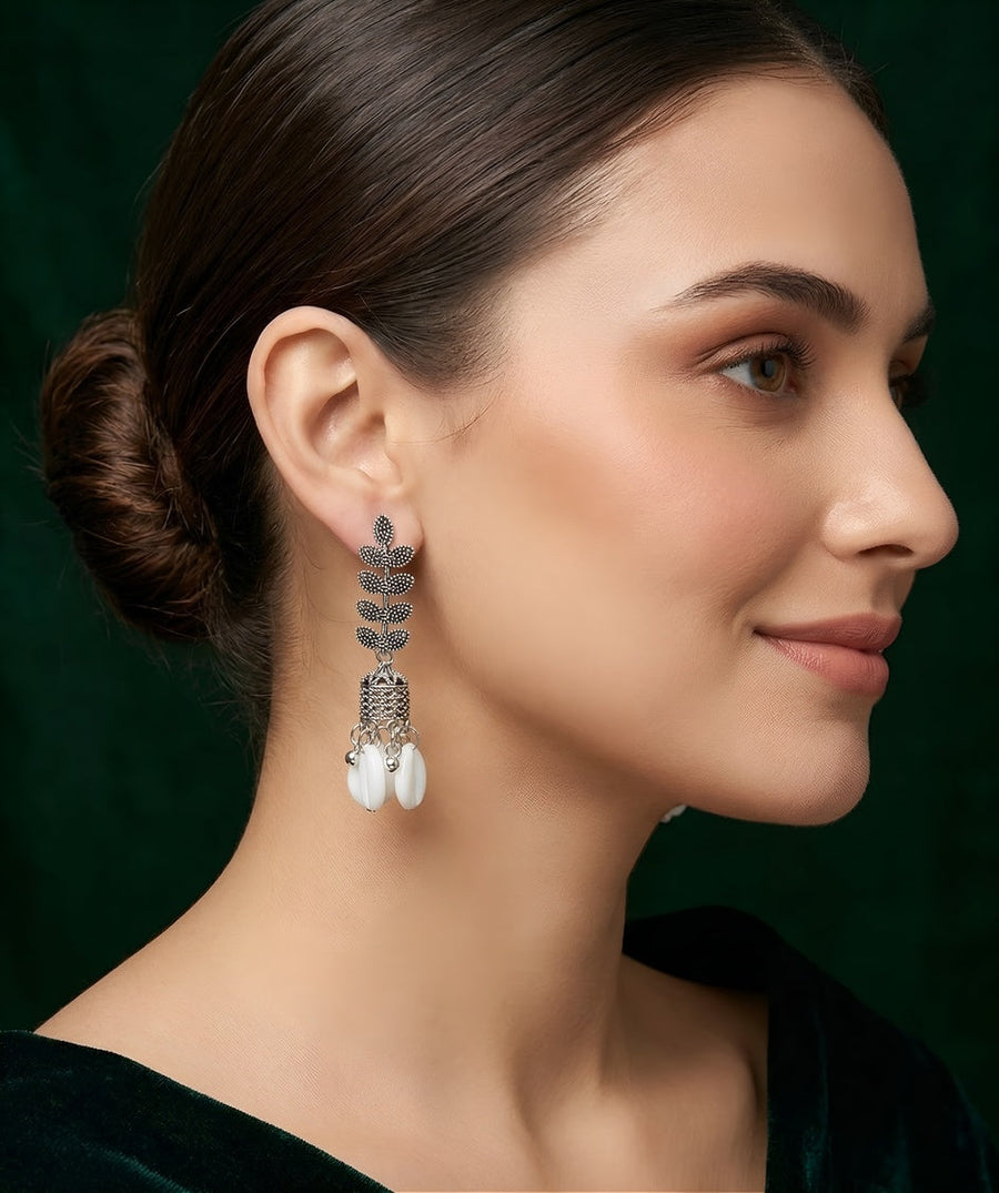 Silver Plated Oxidized Leaf Design Earrings