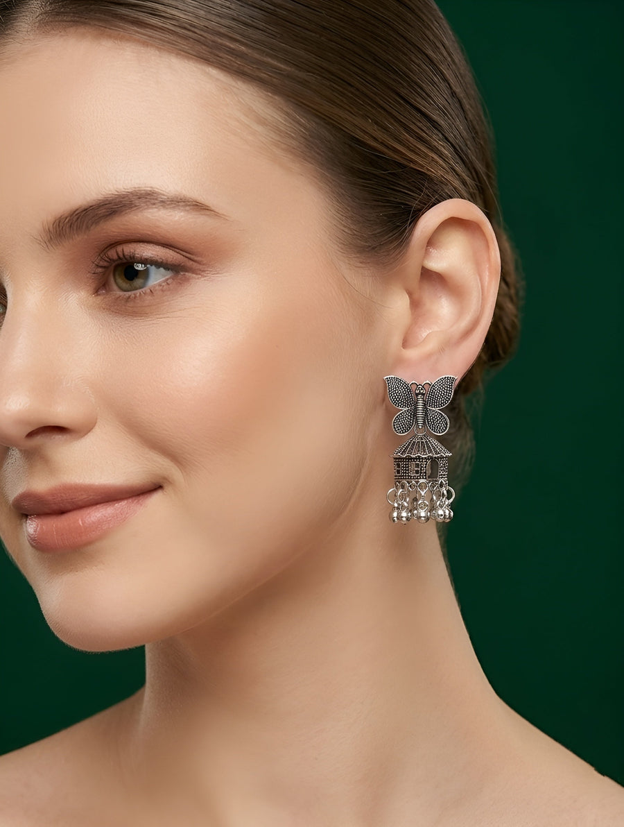 Silver Oxidised Contemporary Jhumka Earchain