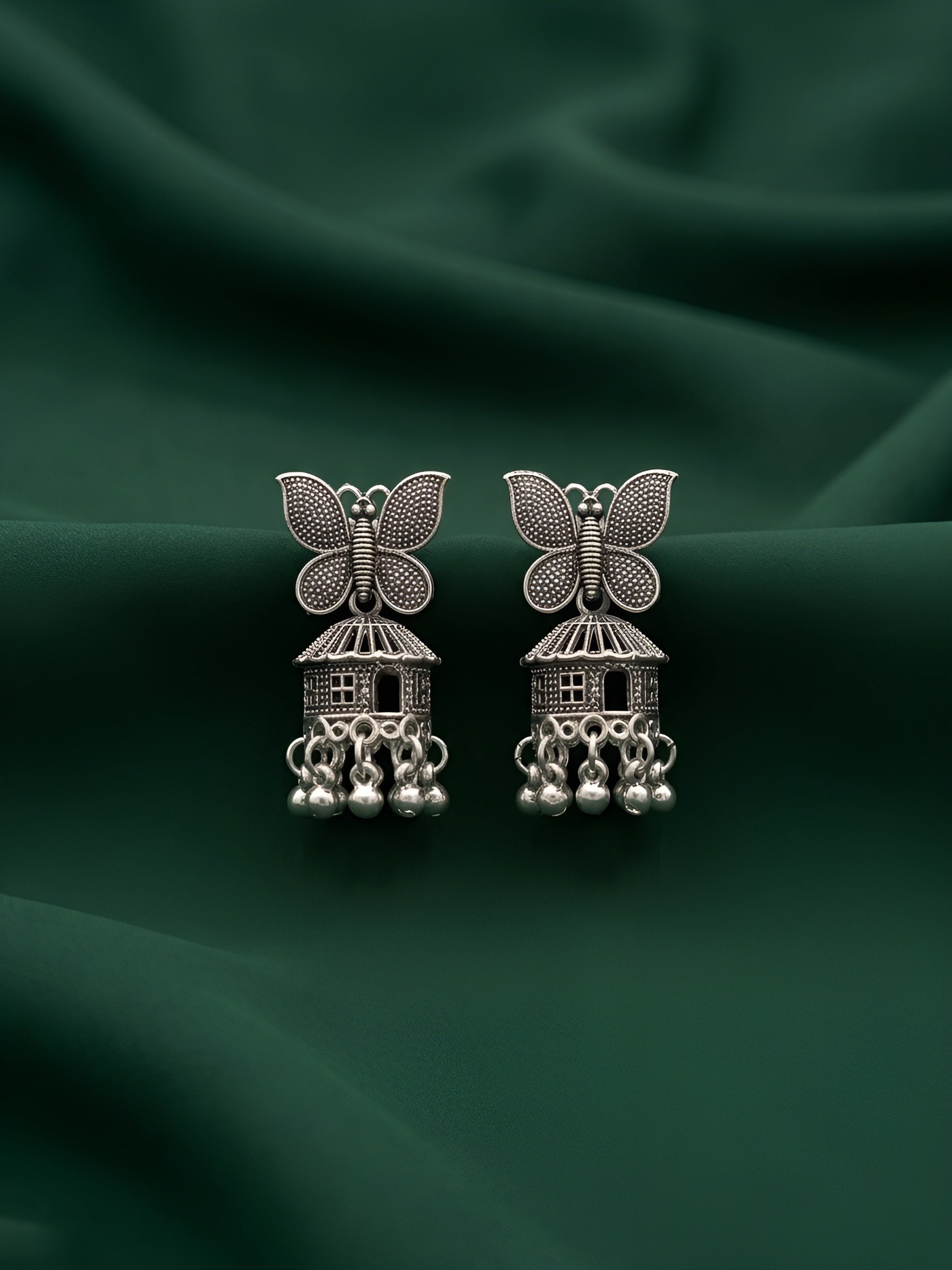 Silver Oxidised Contemporary Jhumka Earchain