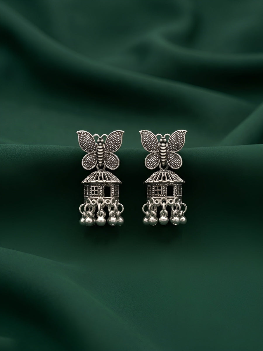 Silver Oxidised Contemporary Jhumka Earchain