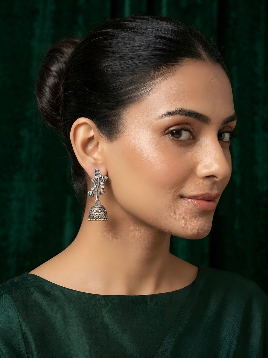 Silver Plated Oxidized Leaf With Jhumki Earrings
