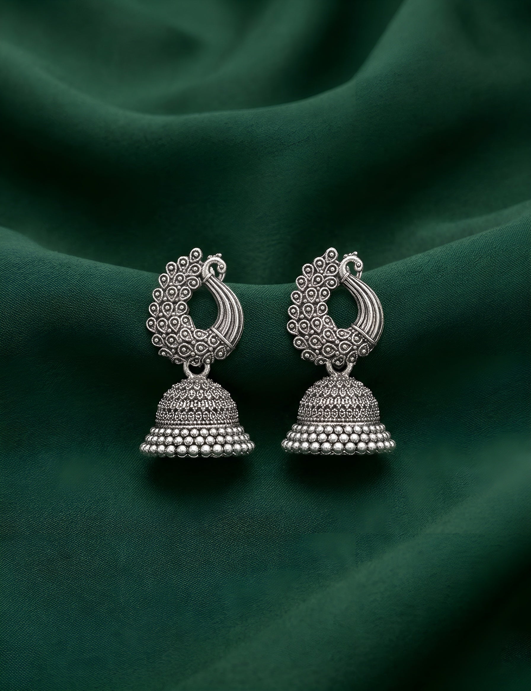 Silver Plated Oxidized Peacock With Jhumki Earrings