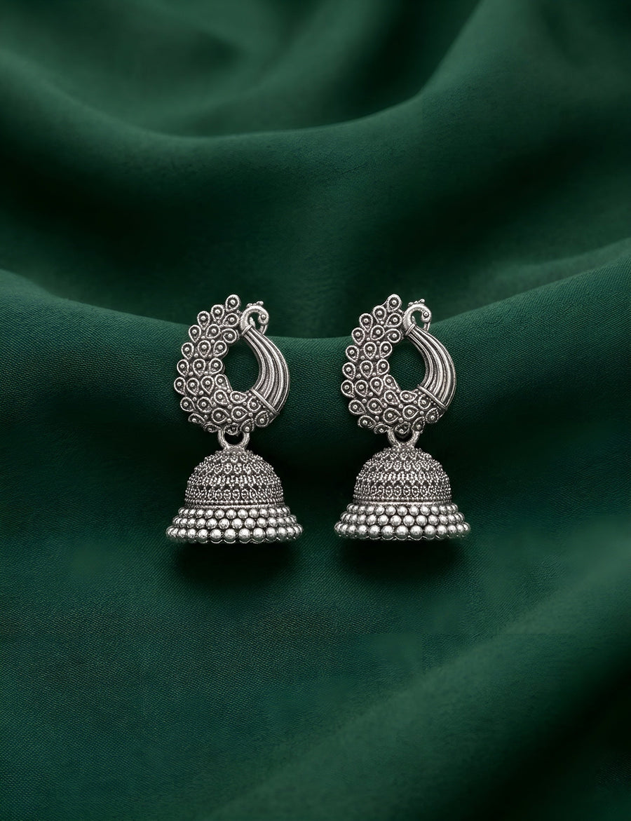 Silver Plated Oxidized Peacock With Jhumki Earrings