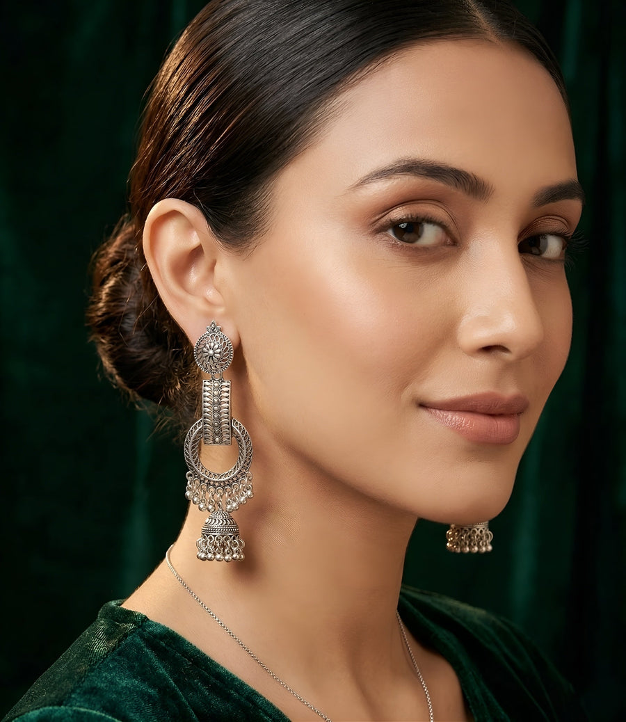 Silver Plated Oxidized Fancy Jhumki Earrings