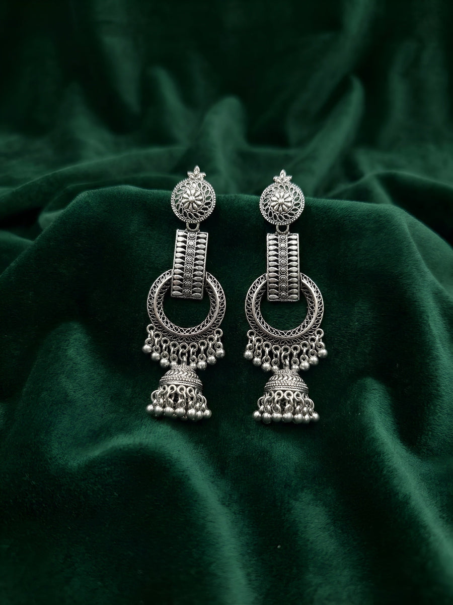 Silver Plated Oxidized Fancy Jhumki Earrings