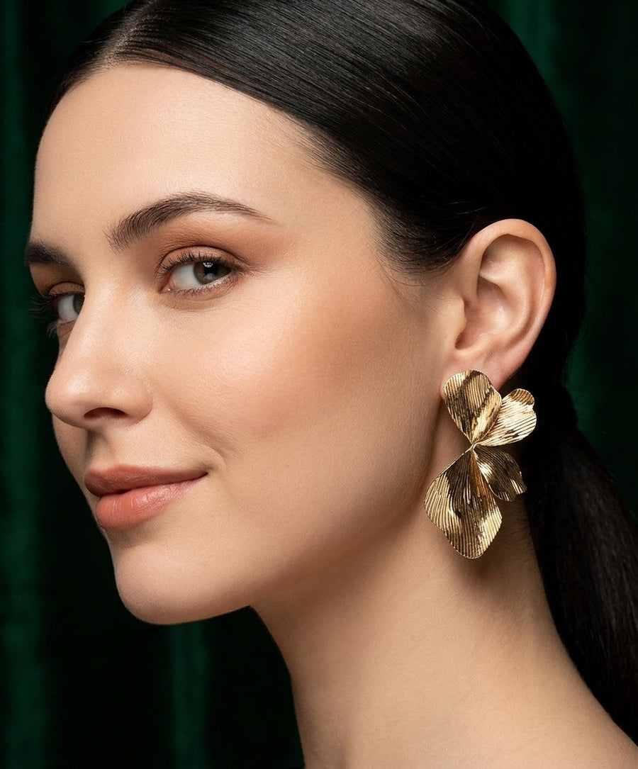 Gold Plated Contemporery Half Flower Earrings