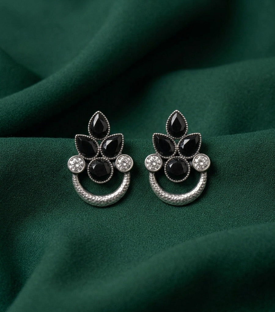 Silver Plated Oxidized With Beaded Earrings