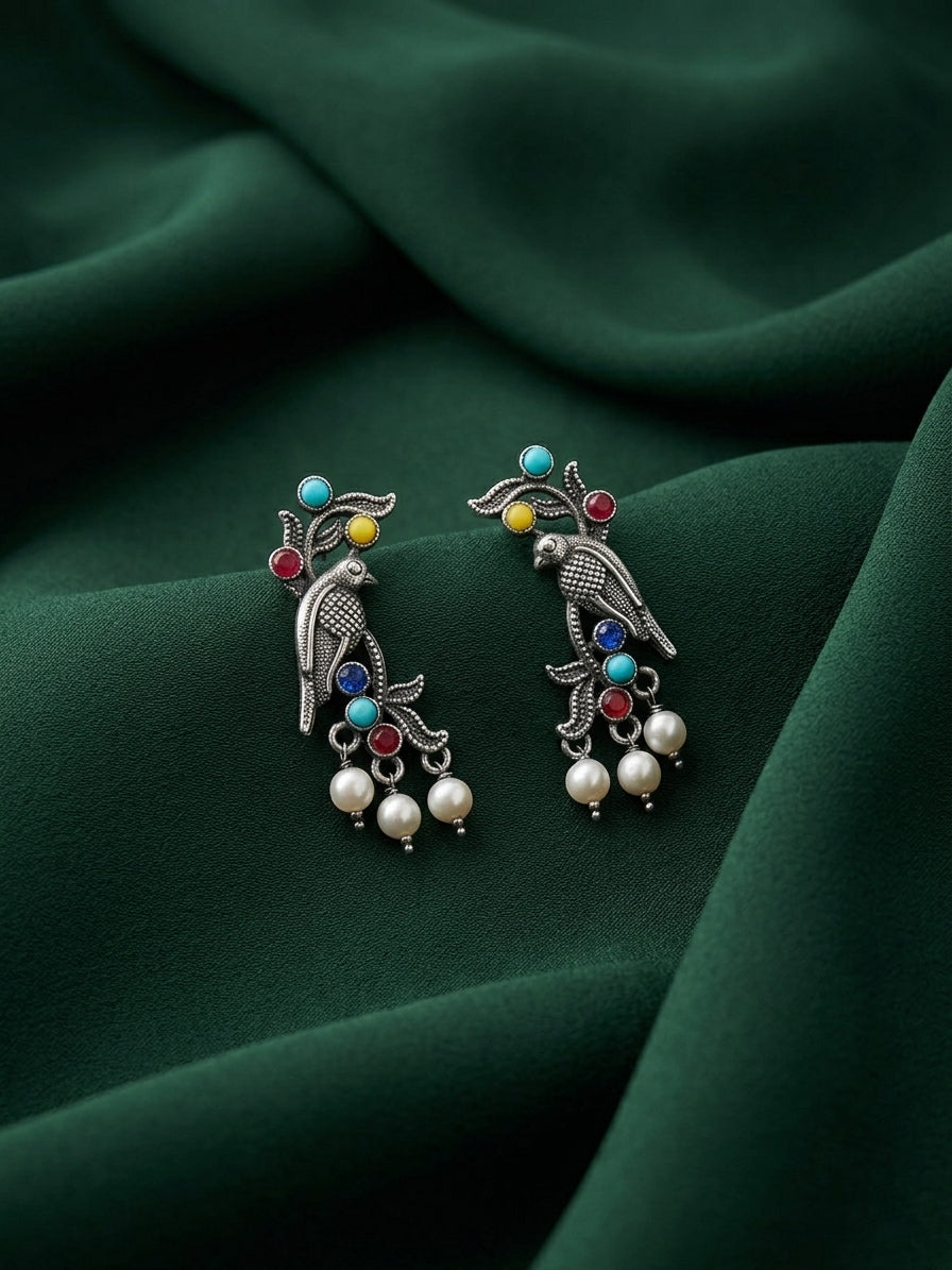 Silver Plated Oxidized With Trendy Birds Design Earrings
