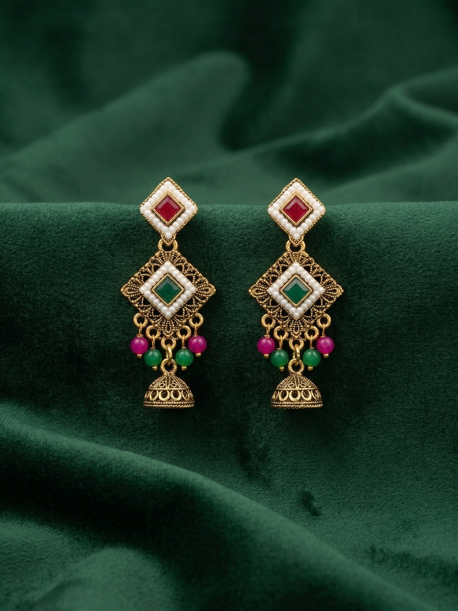 Gold Oxidized With Beaded Indo-Western Jhumki