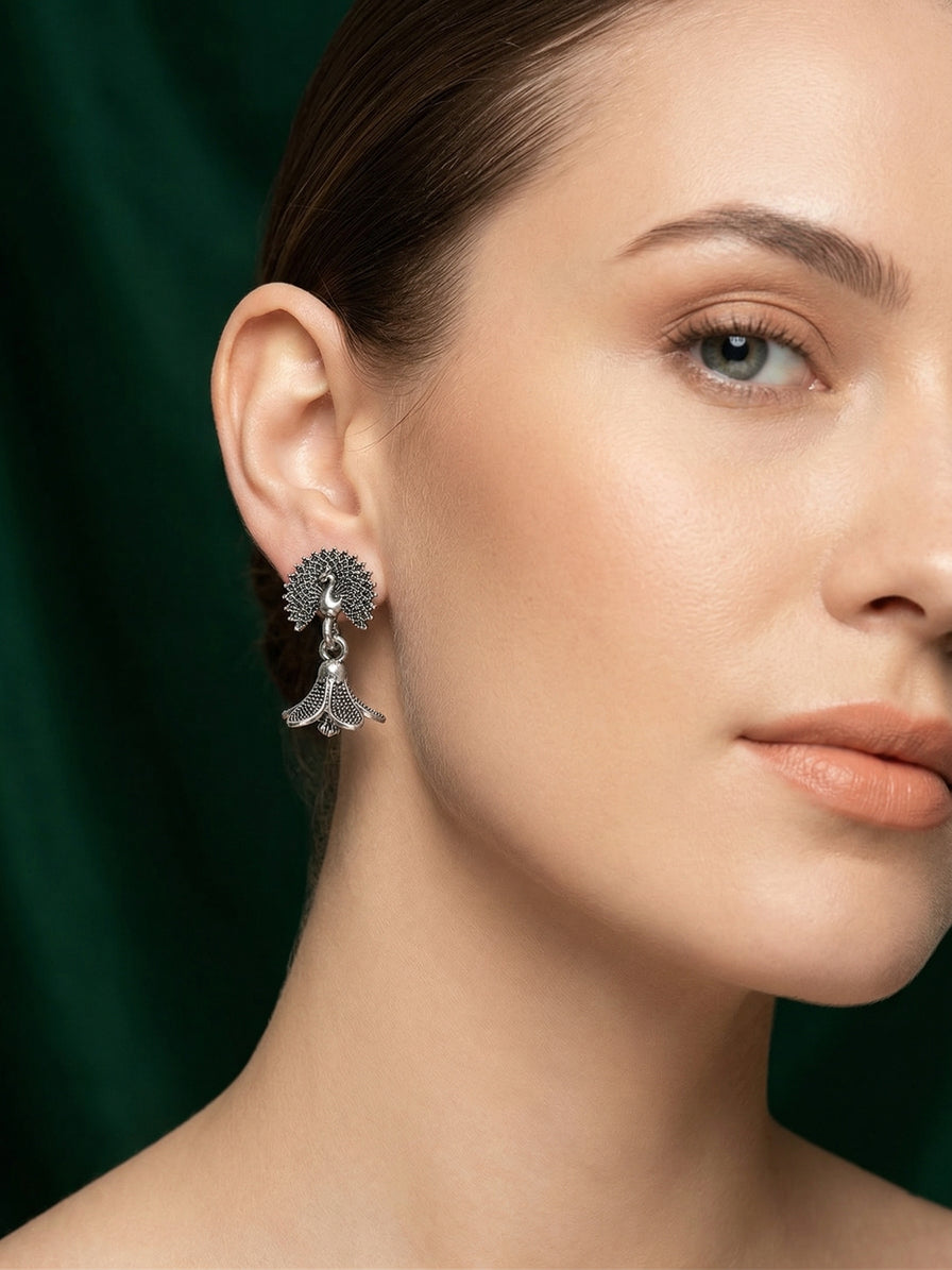 Silver Plated Oxidized Peacock Earrings