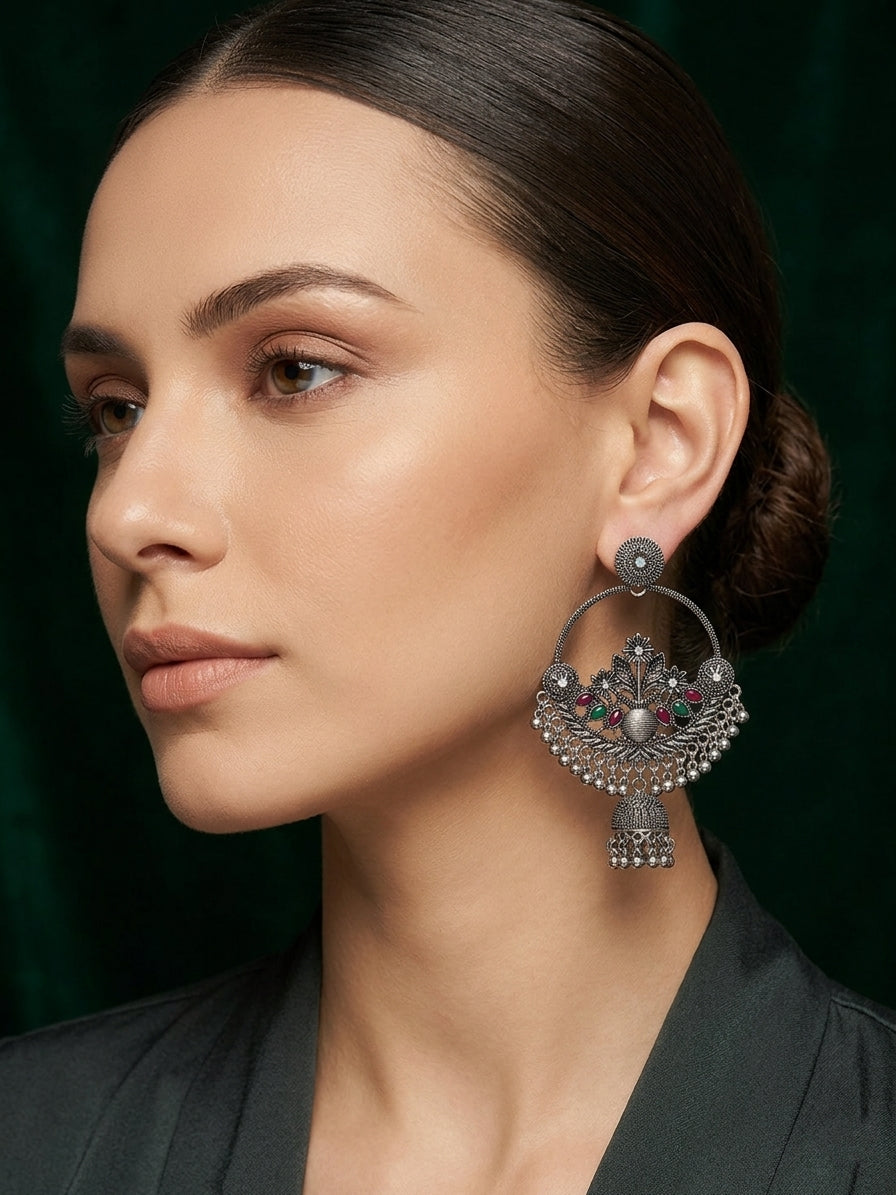 Silver Plated Oxidized Chand Balli Earrings