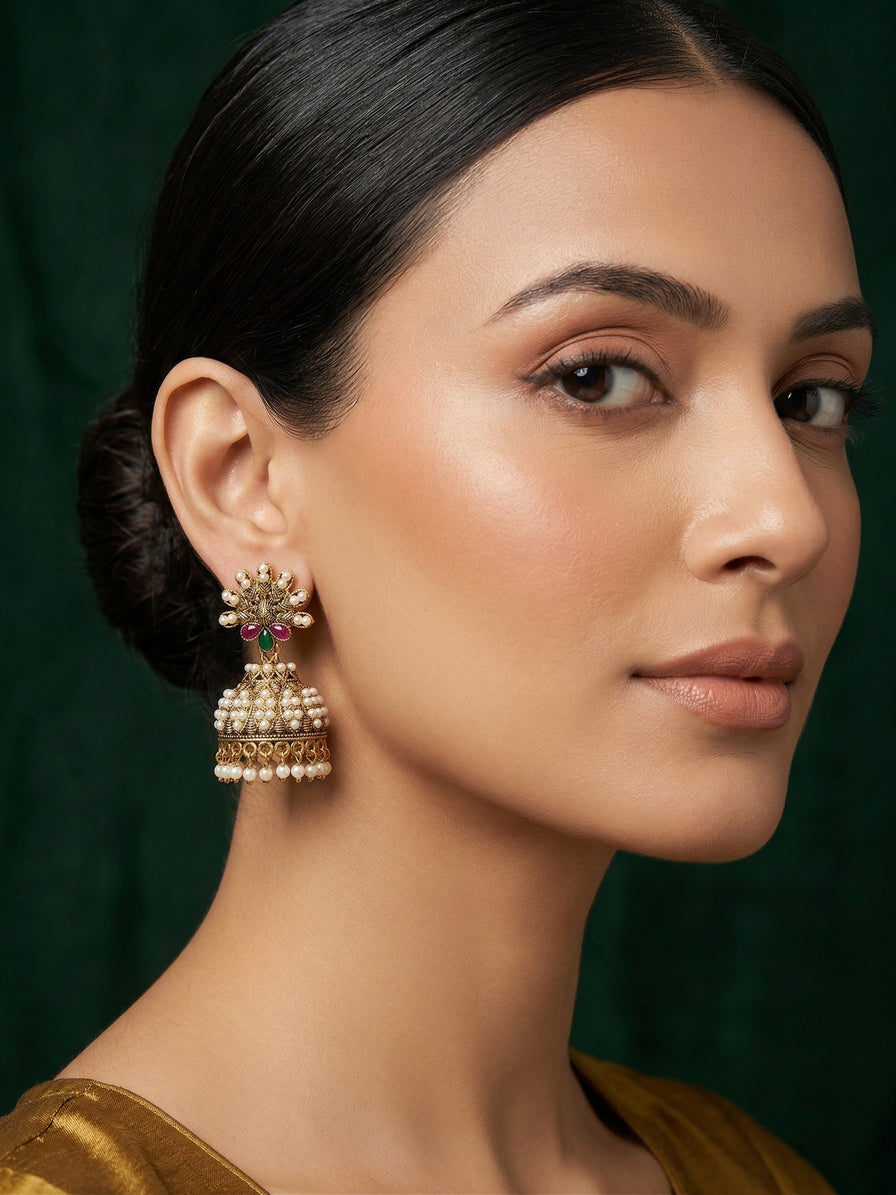 Gold Oxidized With Beaded Indo-Western Jhumki