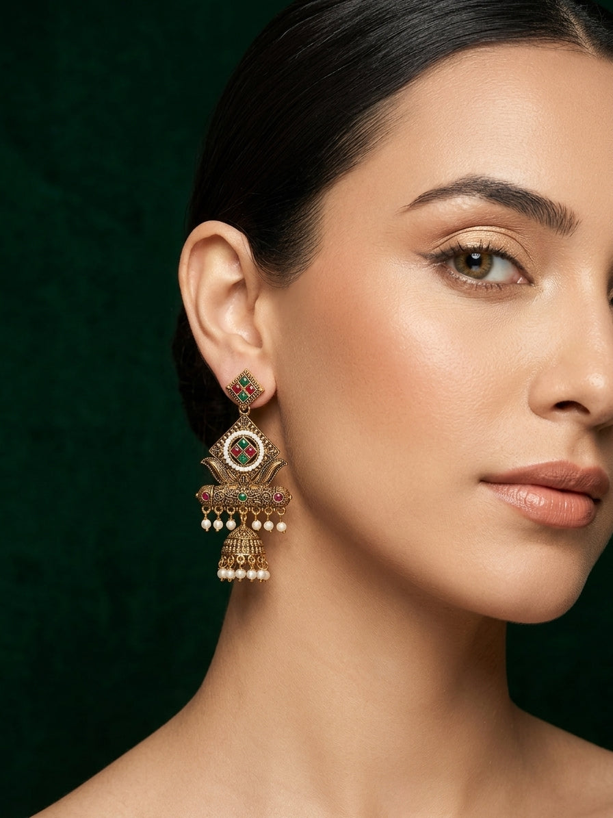 Gold Oxidized With Beaded Indo-Western Jhumki