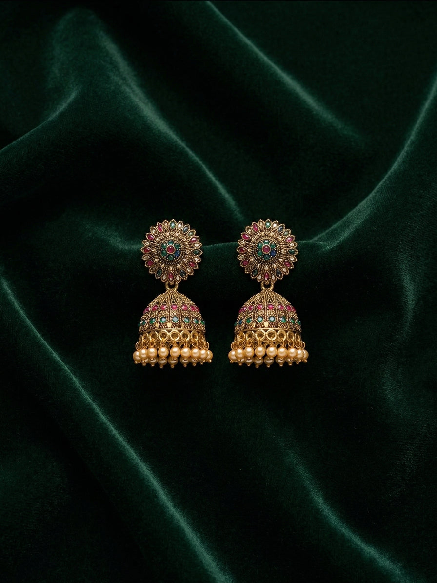 Gold Oxidized With Beaded Indo-Western Jhumki
